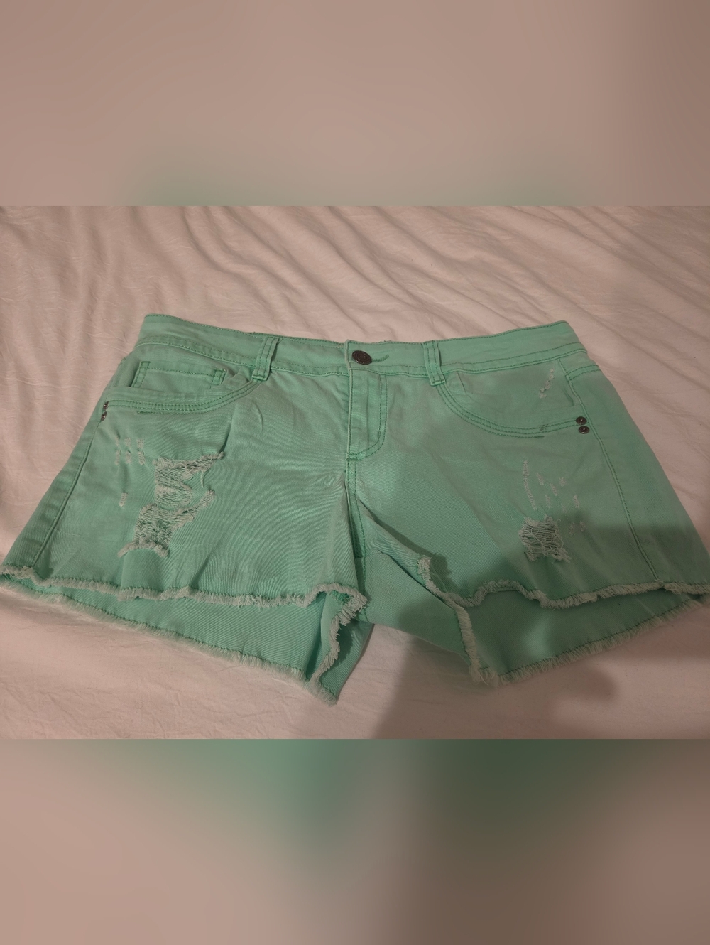 Women's Mint Green Distressed Denim Shorts